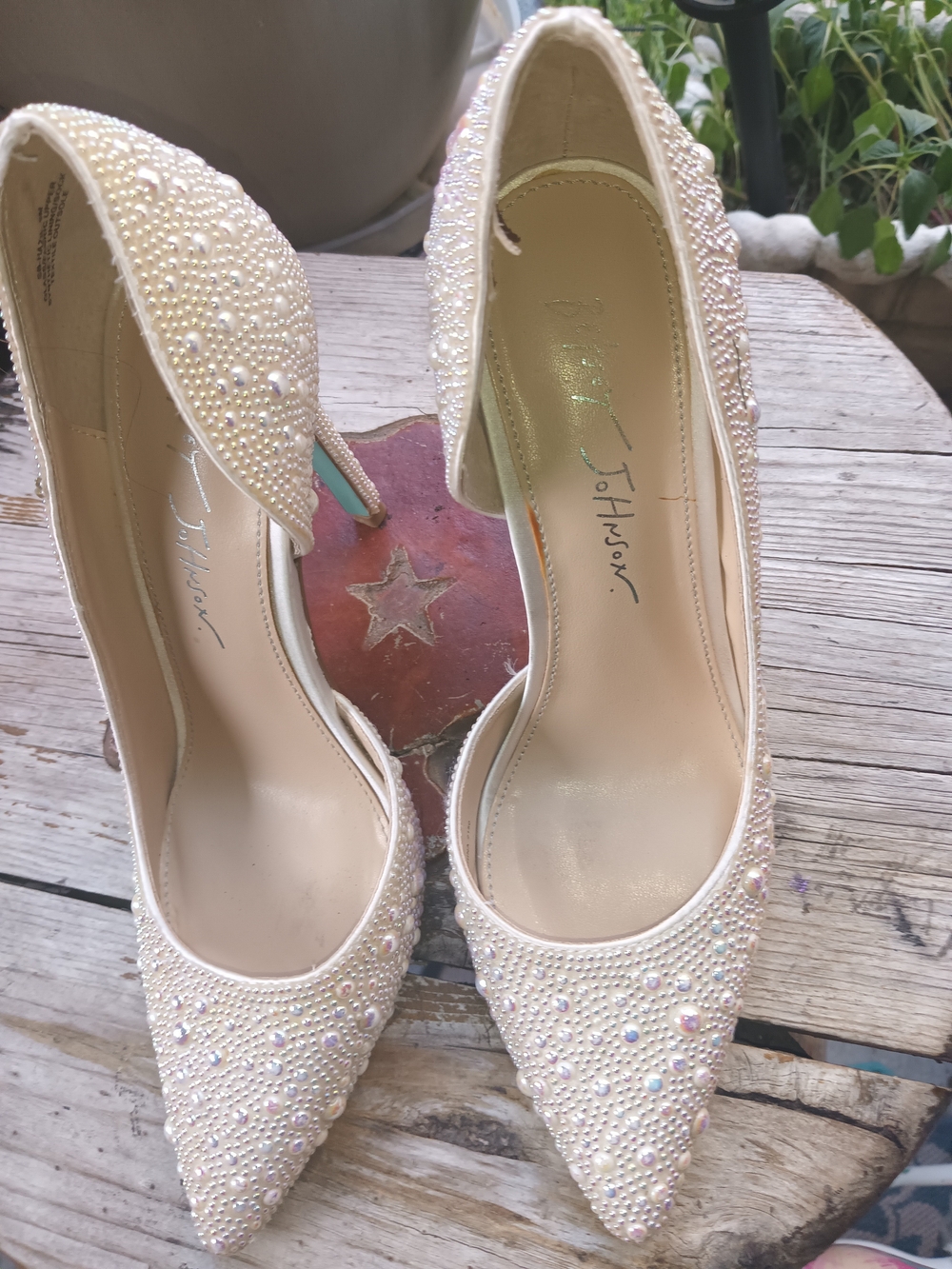 Betsey Johnson Pearl-Embellished Cream Pointed-Toe Pumps